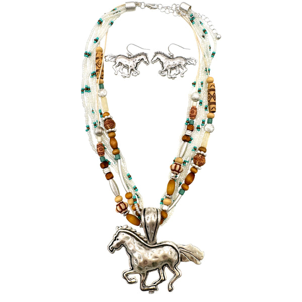 White Turquoise Navajo Bead Horse Pendant Necklace