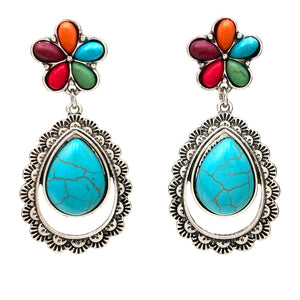 Flower with Teardrop Turquoise and Native Sun Ray Patterns Earrings