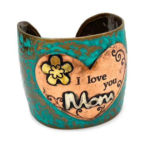 I Love You Mom Heart Wide Patina Metal Cuff