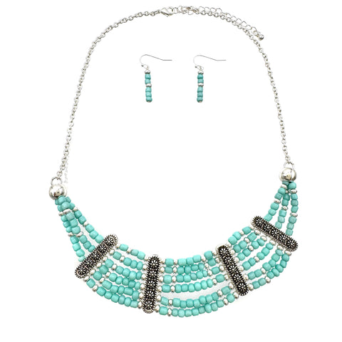 Turquoise Beads Bib Necklace Earrings Set