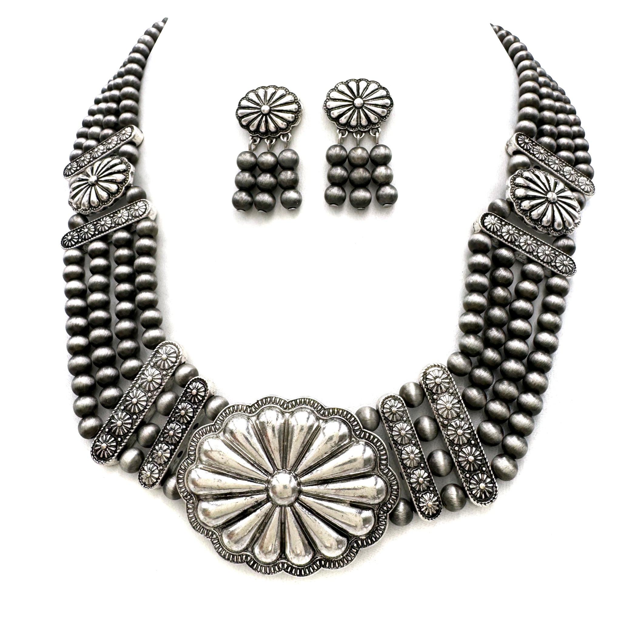 Navajo Silver Beads Plastron Necklace Earrings Set