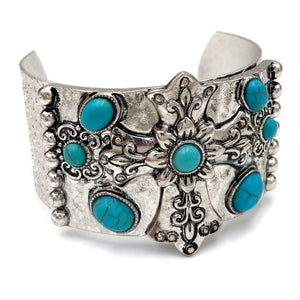 Cross Turquoise Stone Silver Cuff Bracelet