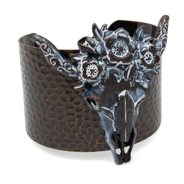 Longhorn Skull Bohemian Flowers Western Wide Cuff Bracelet