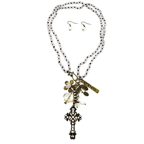 Cross Be Brave Charms Crystal Beads Necklace Earrings Set