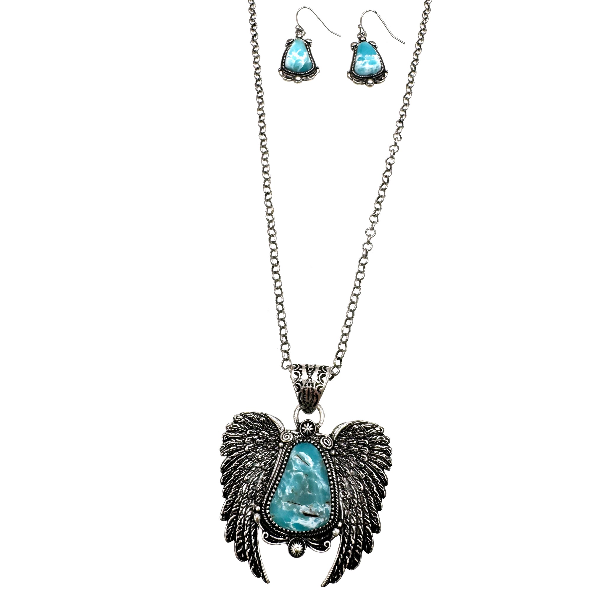 Angel Wing Western Turquoise Pendant Necklace Earrings Set