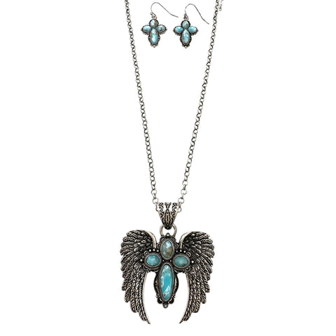 Cross Wing Western Turquoise Pendant Necklace Earrings Set