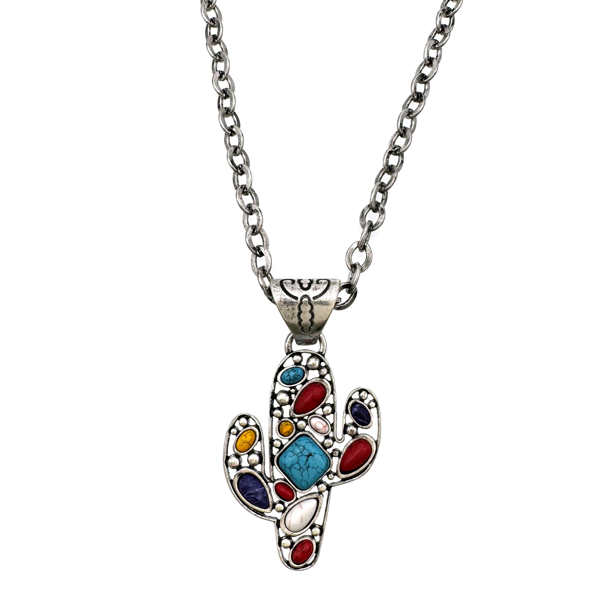 Turquoise Multicolor Stone Cactus Pendant Long Necklace