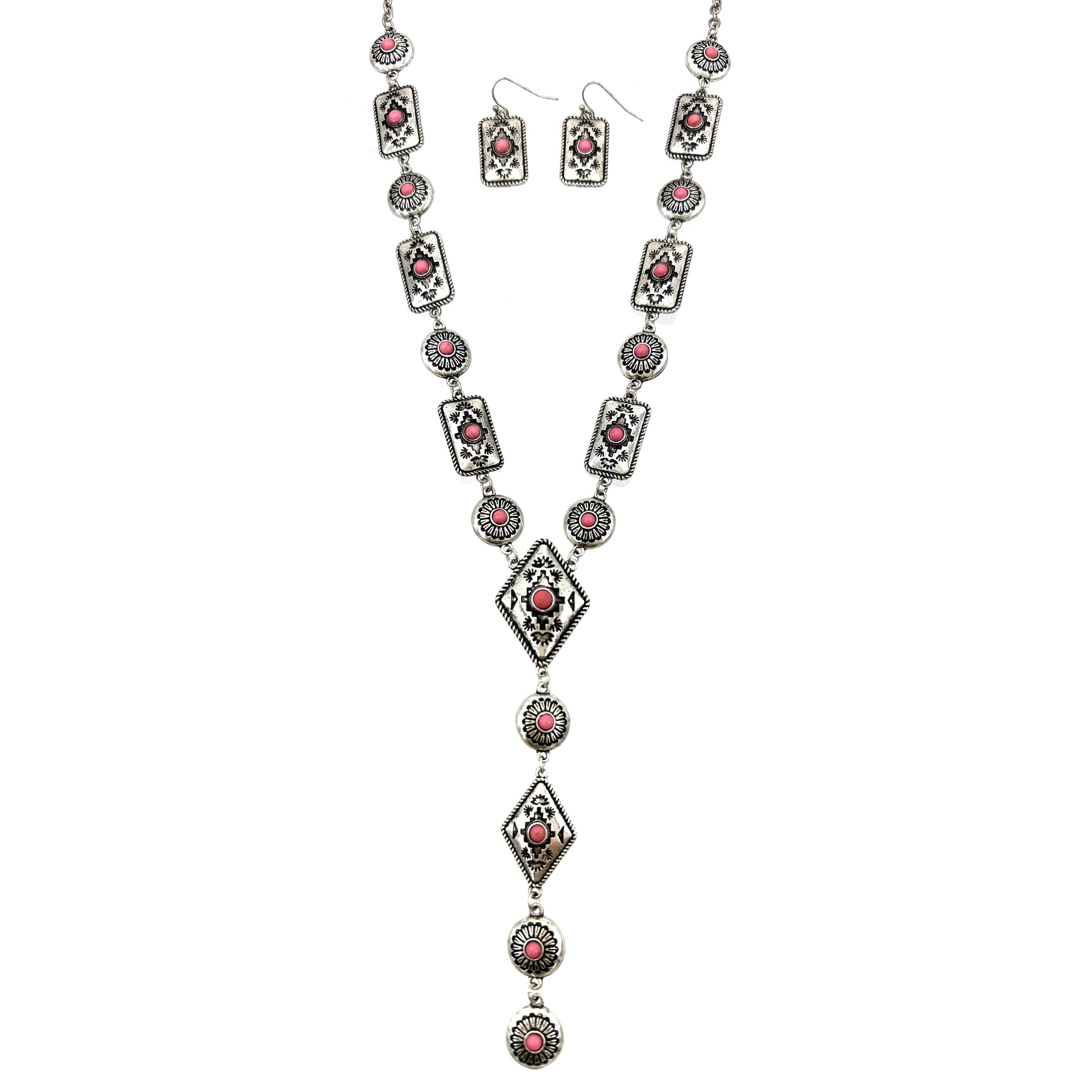 Pink Native Navajo Diamond Tie Necklace Earrings Set