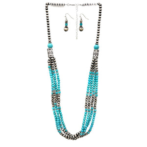 Navajo Silver Turquoise Layer Beads Long Necklace Earrings Set