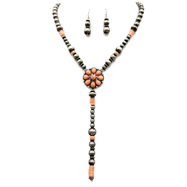 Flower Navajo Style Tie Necklace Earrings Set