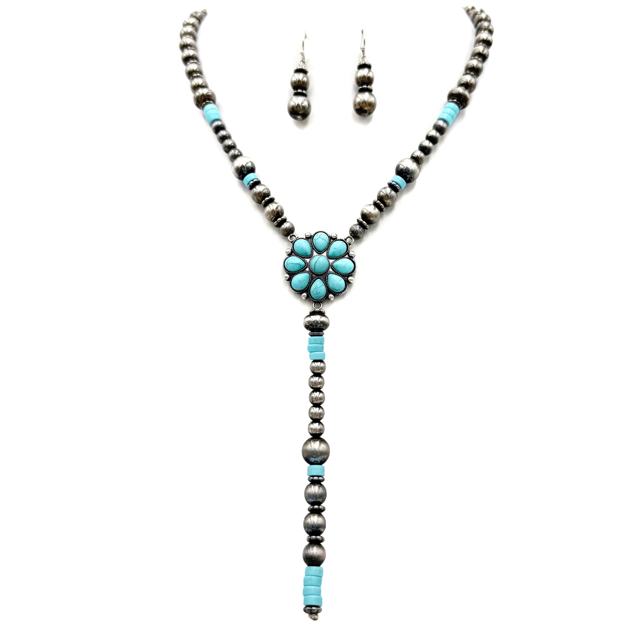 Flower Navajo Style Tie Necklace Earrings Set