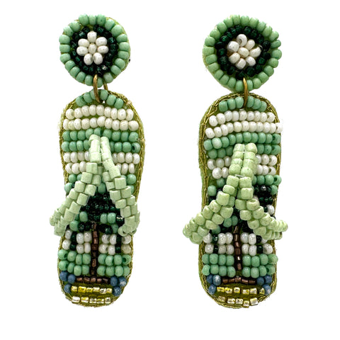 Flip Flop Sandals Palm Tree Green Seed Bead Earrings