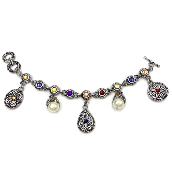 Multicolor Gems Pearl Filigree Charm Chain Bracelet