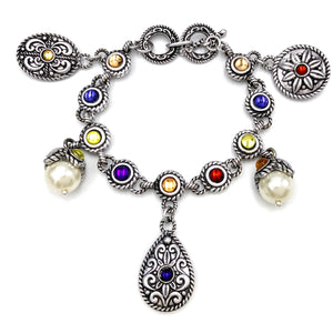 Multicolor Gems Pearl Filigree Charm Chain Bracelet