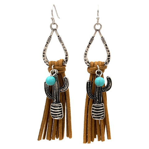 Cactus Charm Suede Tassel Earrings