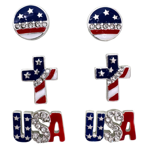 July 4 USA and Cross Three Piece Stud Earrings