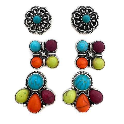 Turquoise Multicolor Stone 3 Piece Stud Earrings