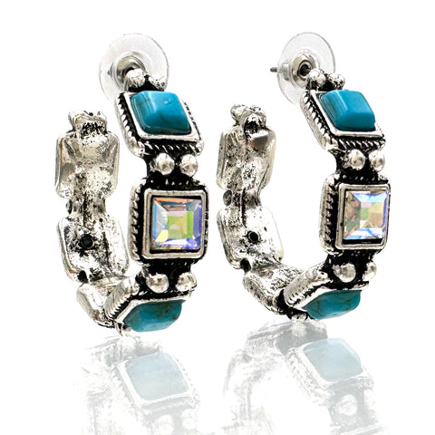 Turquoise AB Rhinestone Square C Hoop Earrings