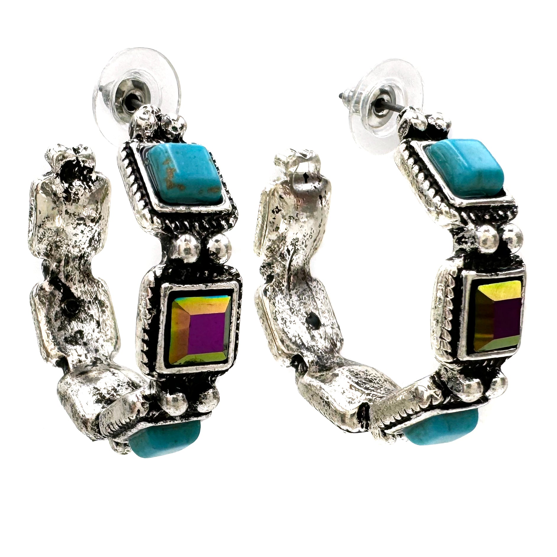Turquoise Amethyst AB Rhinestone Square C Hoop Earrings