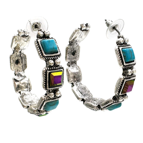 Turquoise Amethyst AB Rhinestone Square C Hoop Earrings