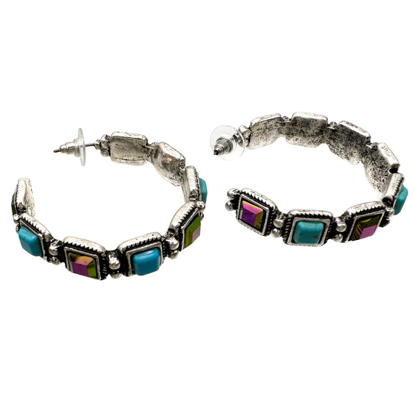 Turquoise Amethyst AB Rhinestone Square C Hoop Earrings