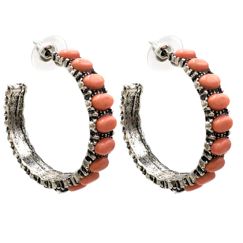 Peach Pink Color Stone C Hoop Earrings