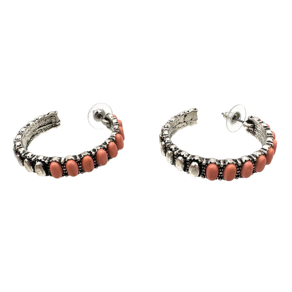 Peach Pink Color Stone C Hoop Earrings