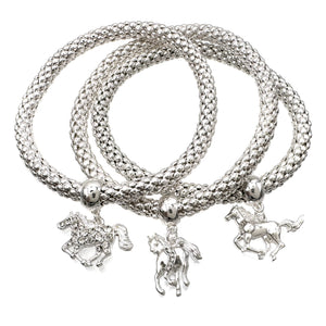 Horse Charm Three Piece Silver Stretch Bracelet