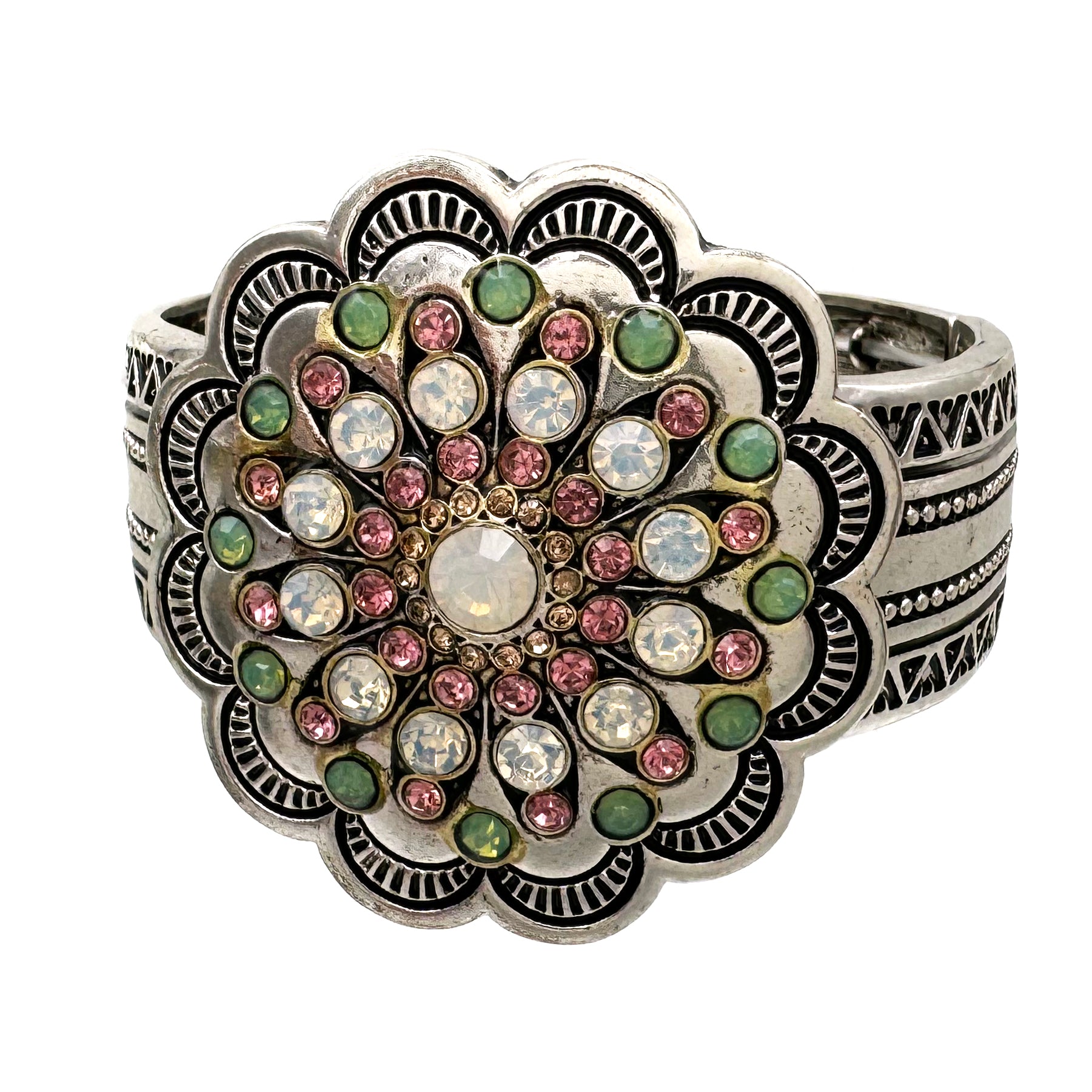 Large Flower Pink Green Rhinestone Western Stretch Bracelet