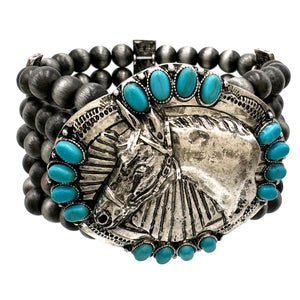 Metal Horse Western Trophy Buckle Chunky Beaded Stretch Bracelet