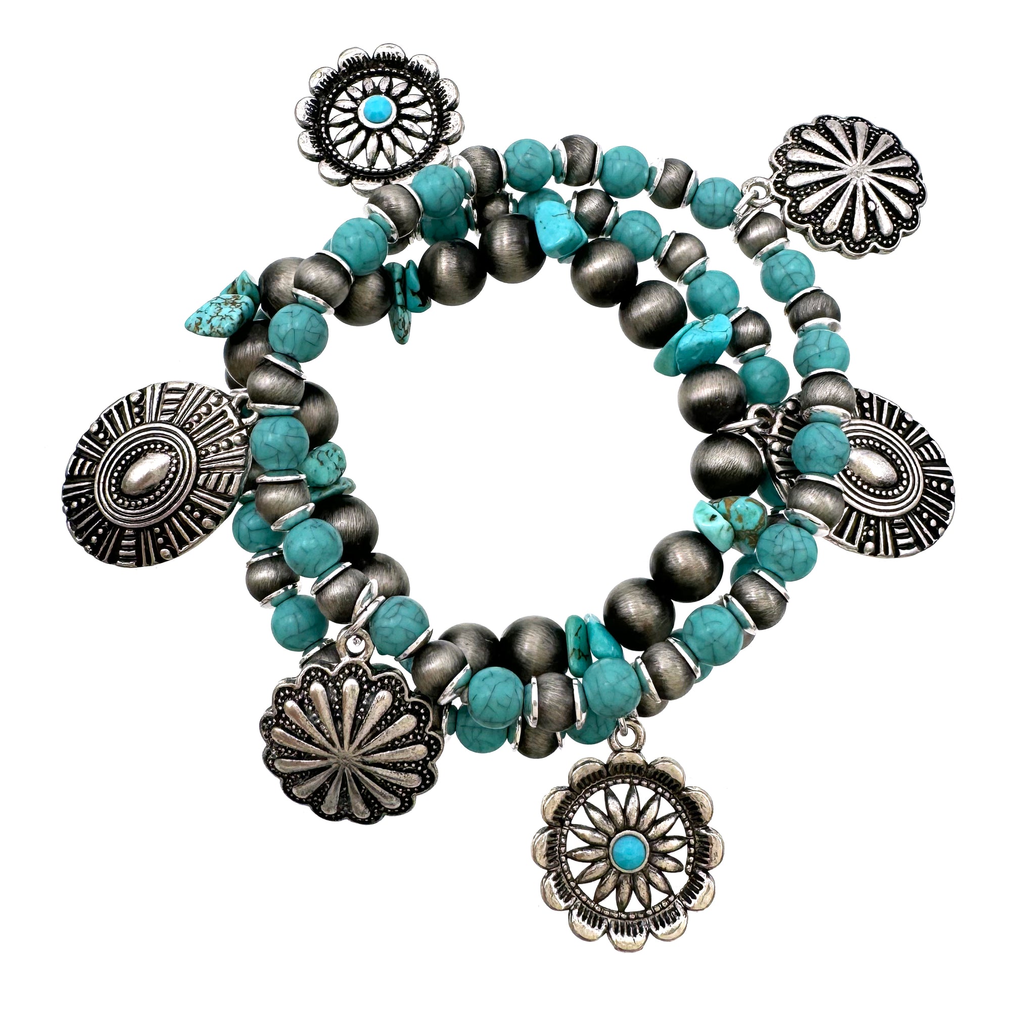 Concho Charms Turquoise Navajo Beads Three Piece Bracelet