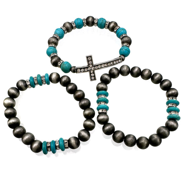 Cross Turquoise Navajo Beads Three Piece Bracelet