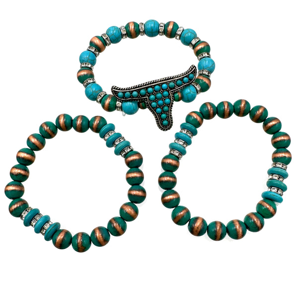 Longhorn Turquoise Navajo Beads Three Piece Bracelet