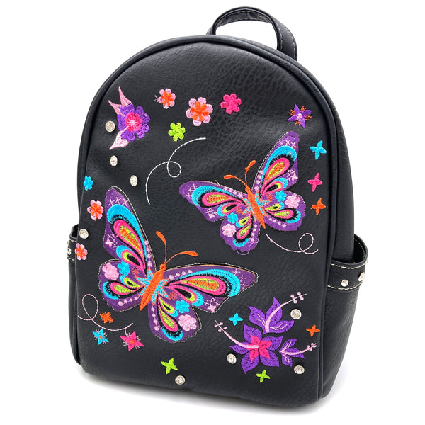 Butterfly Rainbow Embroidered Women's Small Backpack Black