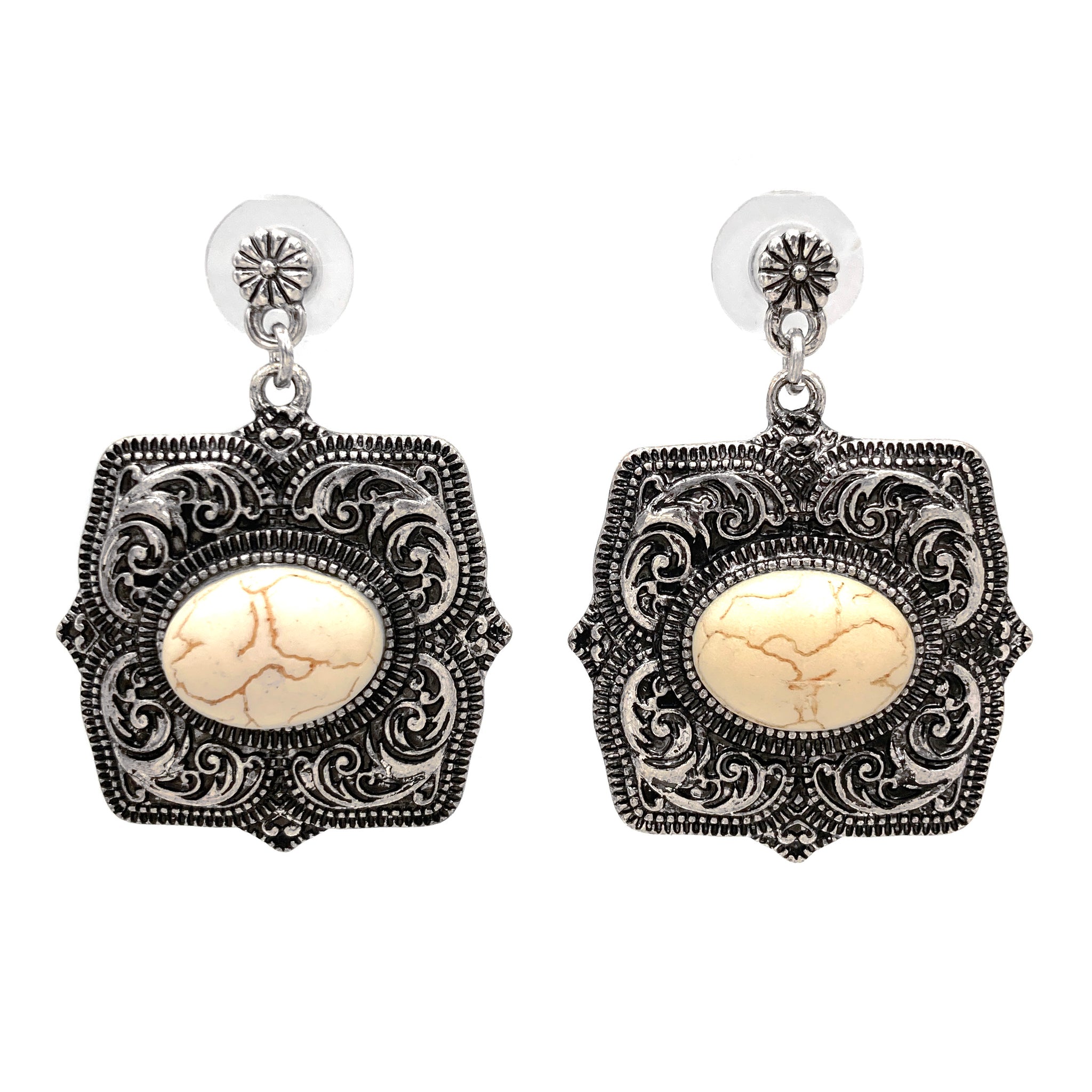 Western Filigree Howlite Concho Cabochon Square Earrings