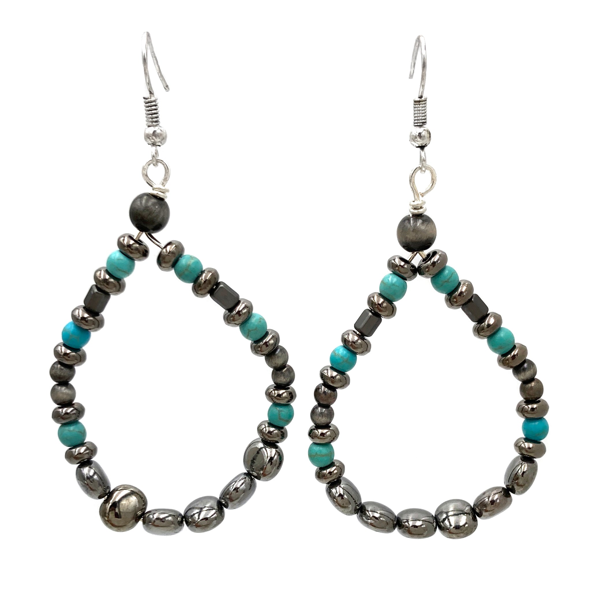 Hematite Turquoise Beaded Open Teardrop Earrings