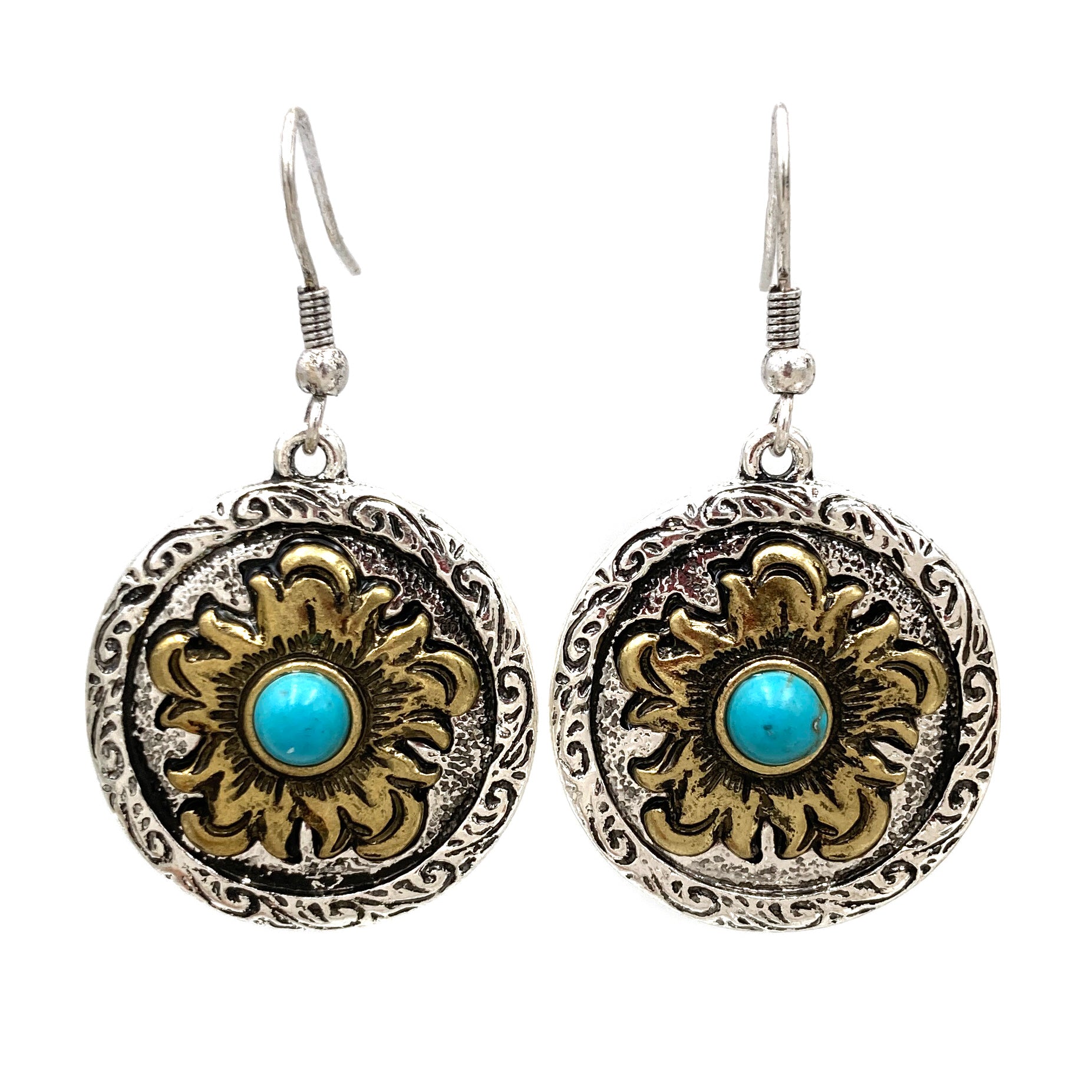 Western Floral Circle Concho Turquoise Dangle Earrings