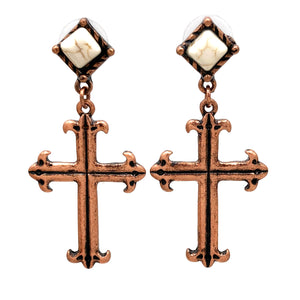 Copper Howlite Stone Fleury Cross Earrings