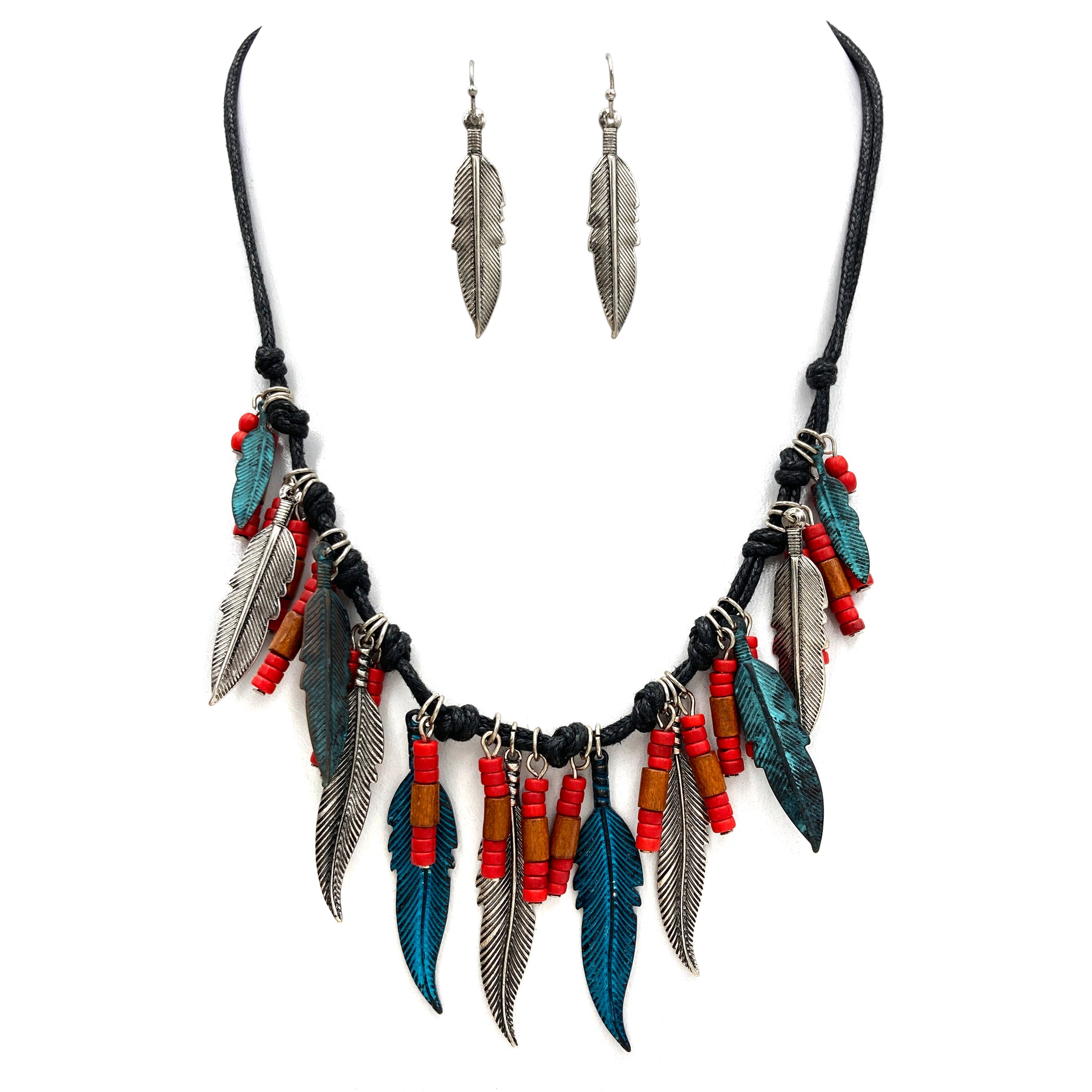 Bohemian Feather Black Red Beads Rope Necklace Earrings Set