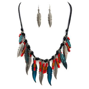 Bohemian Feather Black Red Beads Rope Necklace Earrings Set