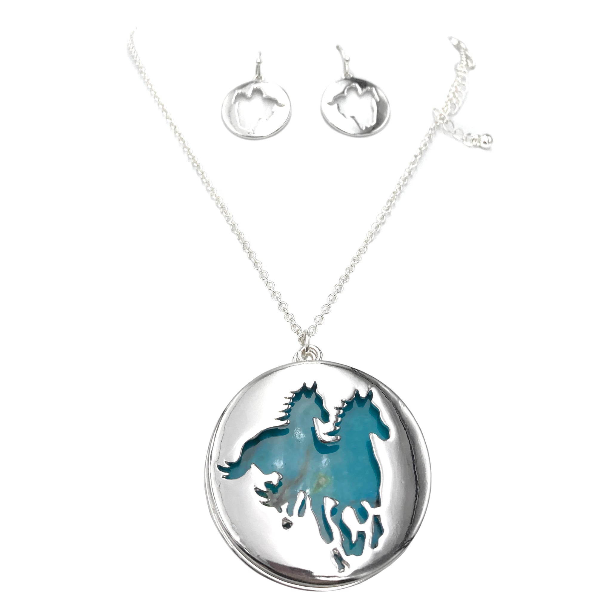 Horse Turquoise Silhouette Pendant Necklace Earrings Set