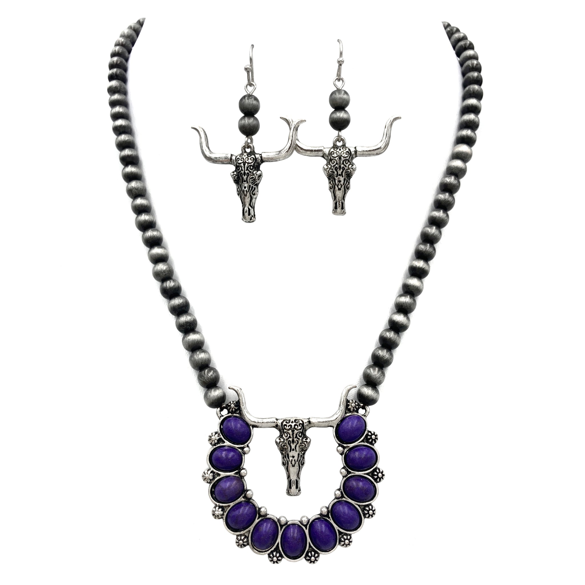 Longhorn Steer Purple Cabochon Navajo Necklace Earrings Set