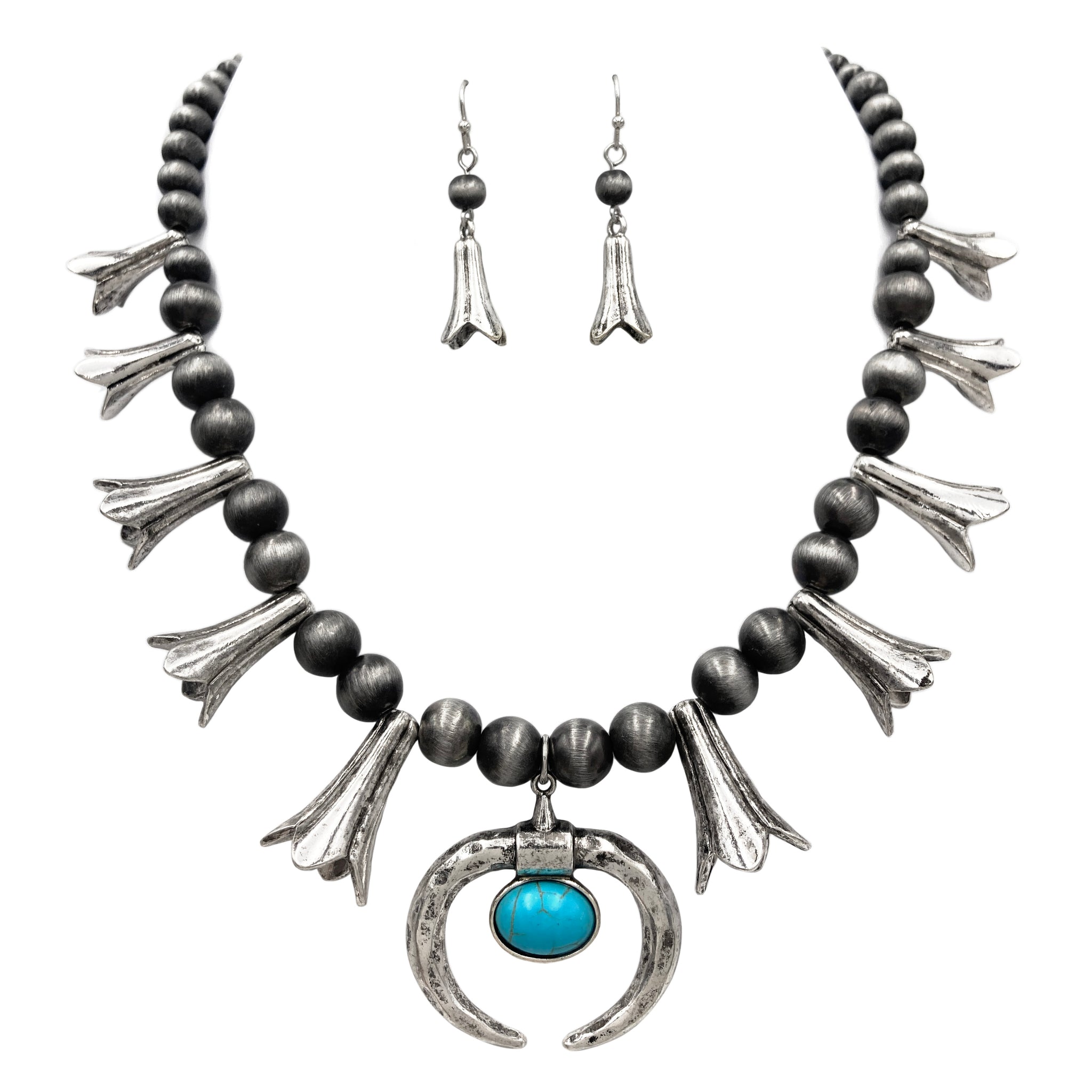 Squash Blossom Navajo Bead Necklace Earrings Set