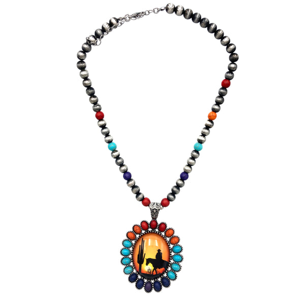 Cowboy Cactus Sunset Art Pendant Navajo Bead Necklace