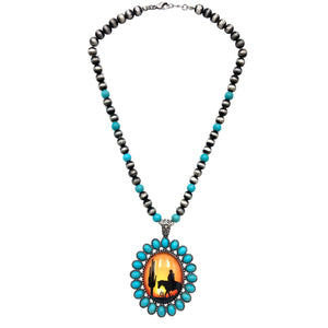 Cowboy Cactus Sunset Art Pendant Navajo Bead Necklace