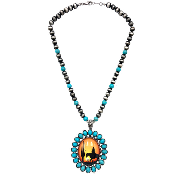 Cowboy Cactus Sunset Art Pendant Navajo Bead Necklace