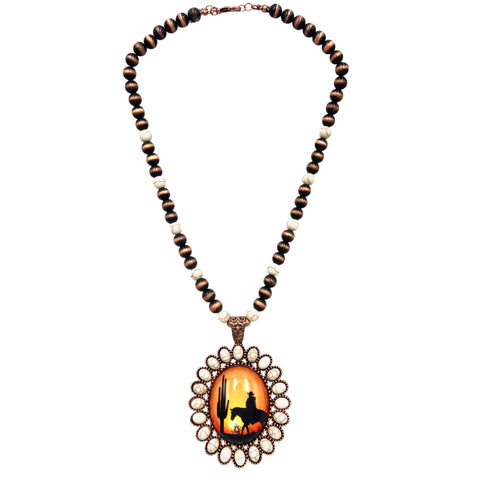 Cowboy Cactus Sunset Art Pendant Navajo Bead Necklace