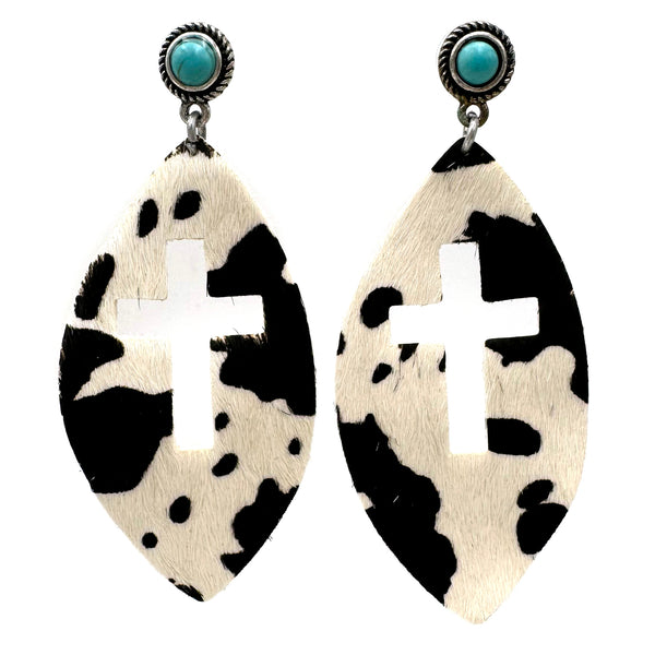 Teardrop Cross Leather Cowhide with Turquoise Earrings