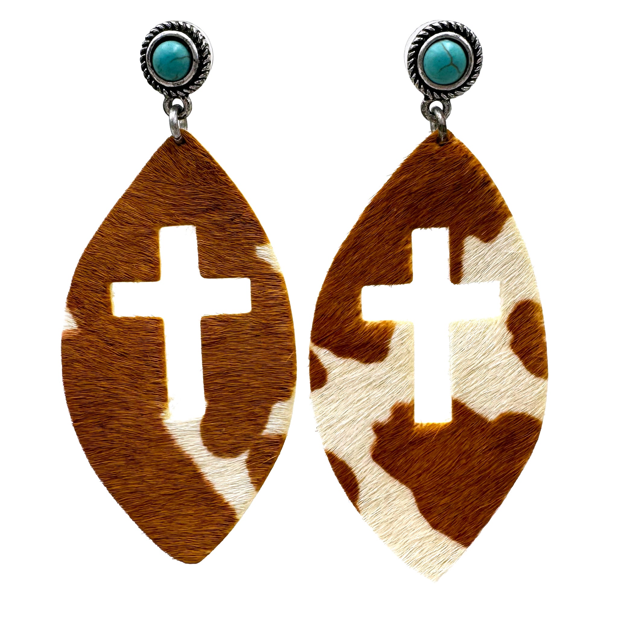 Teardrop Cross Leather Cowhide with Turquoise Earrings