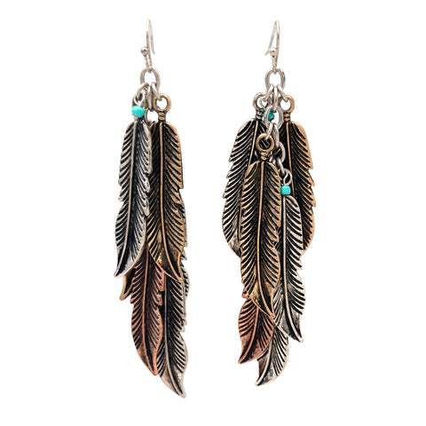 Feather Cluster Bohemian Tricolor Metal Earrings